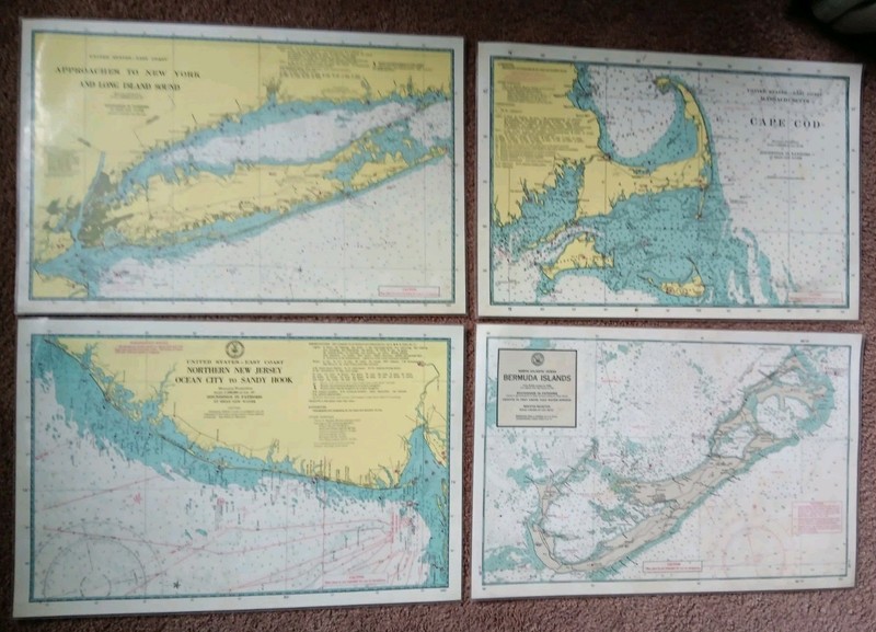 1970s ! Nautical Chart Laminated Placemats Set 4 NY, NJ Shore, Cape Cod, Bermuda