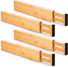 4 Pcs Bamboo Kitchen Drawer Dividers Large, Adjustable Drawer Organizers, Spring