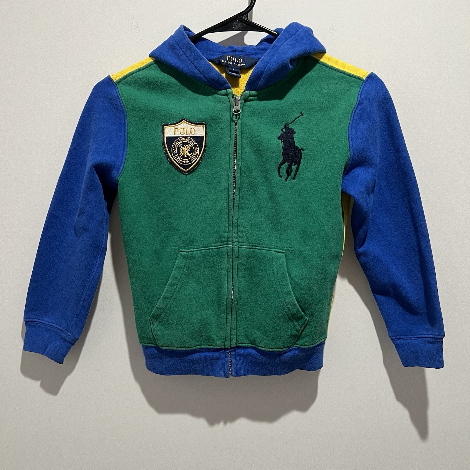 Polo Ralph Lauren Felpa con Cappuccio Ragazzo Taglia 7 Ricamata Big Pony Logo Blu Verde Giallo