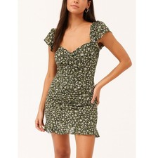 ASTR The Label Floral Ruched Mini Dress Women's Medium Green Lilac Ruffle Summer