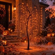 7 FT Halloween Lighted Willow Tree 256 LED Orange Lights Artificial Weeping Will