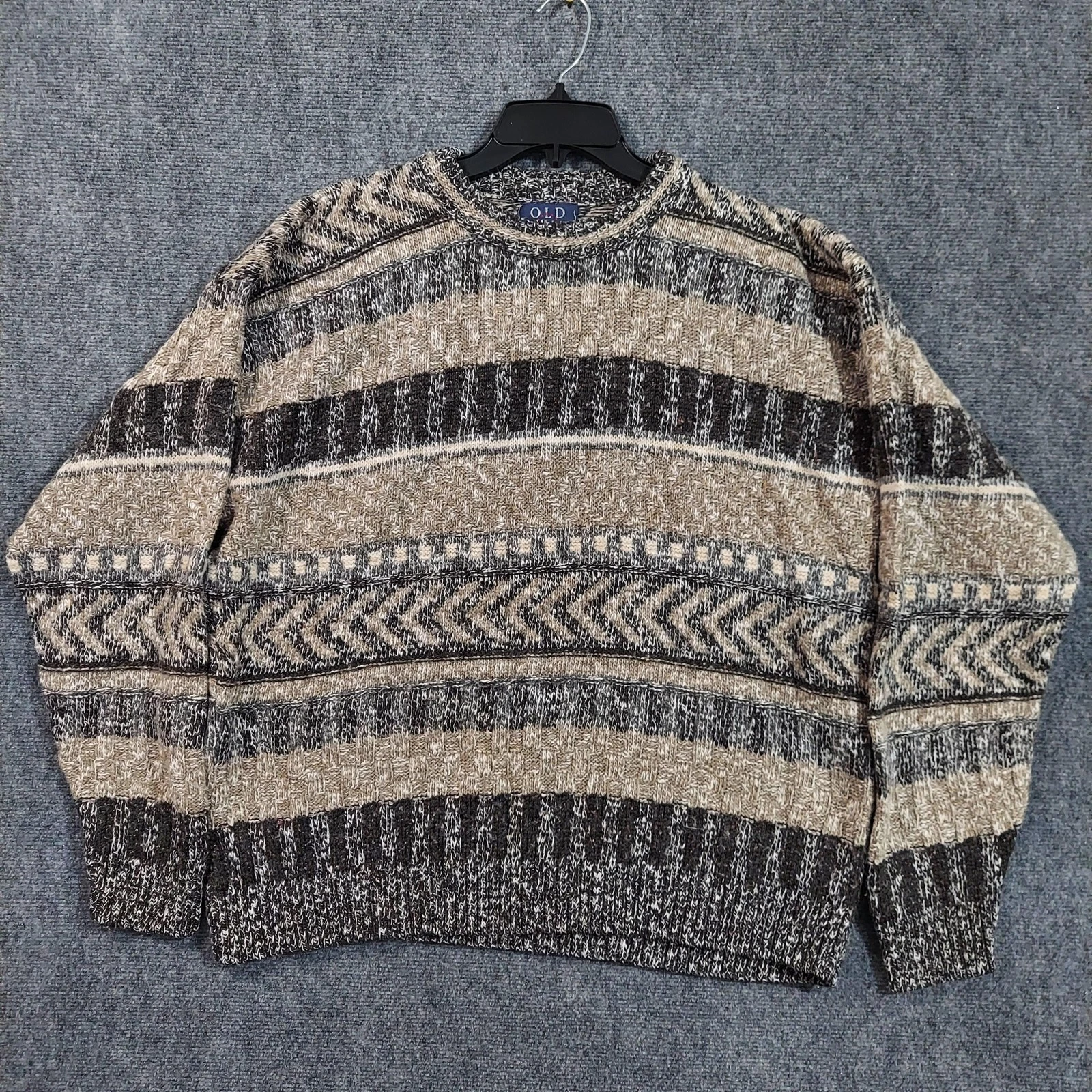 Old Glory Sweater Mens XL Beige Gray Black Wool Blend Knit Crewneck USA Pattern