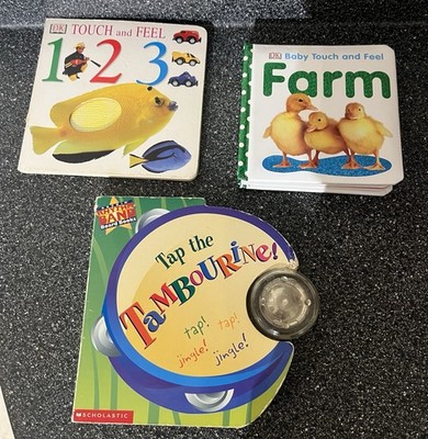 Lot Of 3 Interactive Toddler Board Books Sensory Touch & Feel,Musical Tambourine