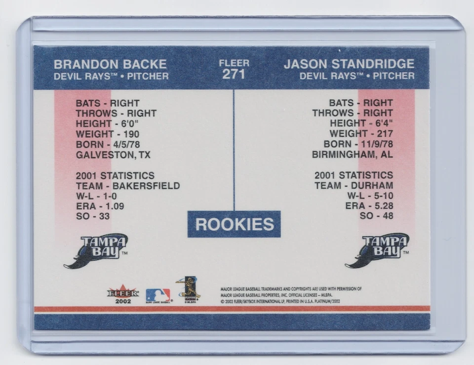 2002 Fleer Platinum #271 Brandon Backe Jason Standridge ROOKIE RC Dual Card - Image 2 of 2