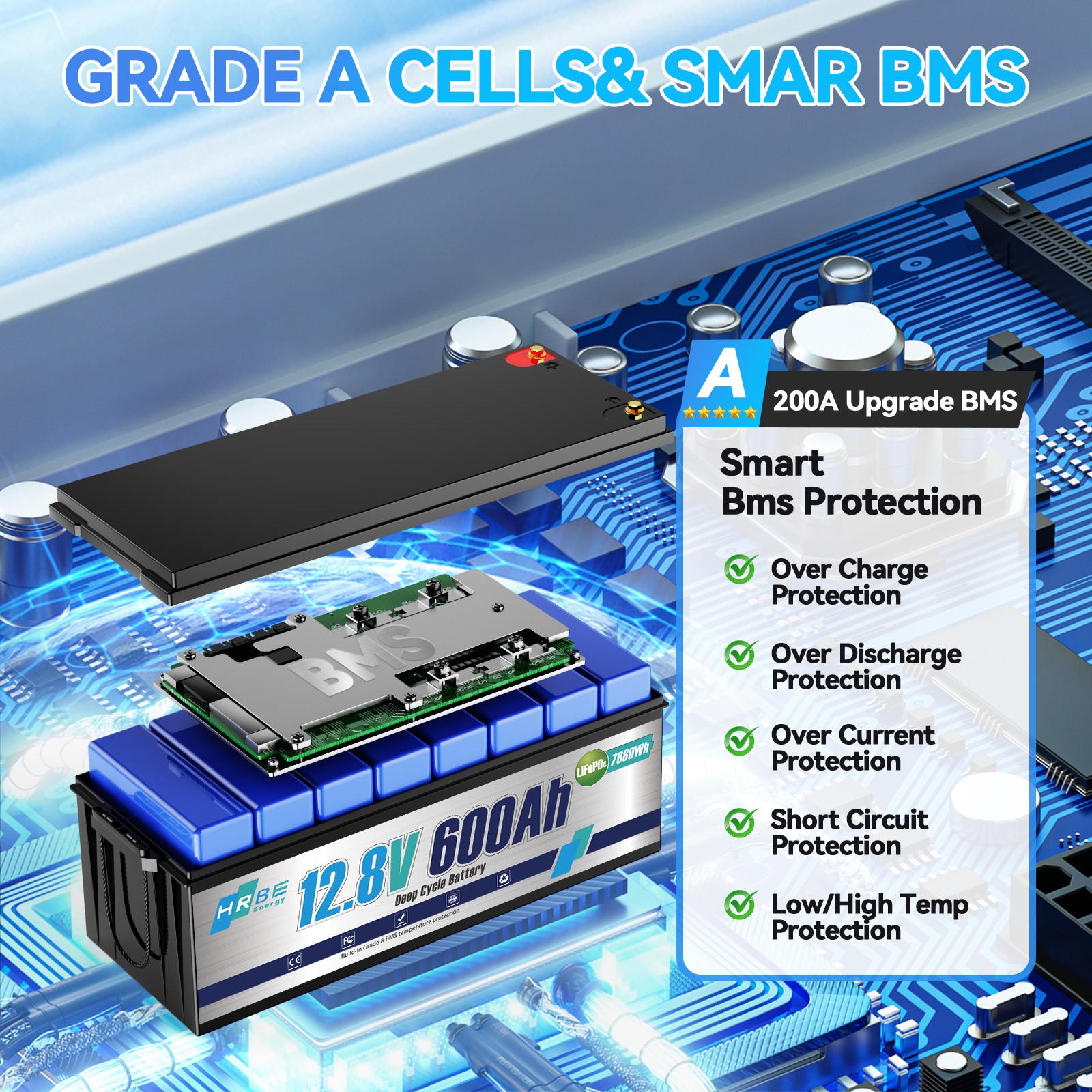 LiFePO4 12V 600Ah Lithium Battery BMS Deep Cycles Solar Marine RV Household Tool