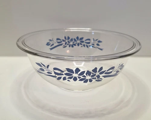 Vintage Pyrex #323 Nesting Bowl Blue Floral Ribbon Clear Glass Mixing Bowl 1.5L