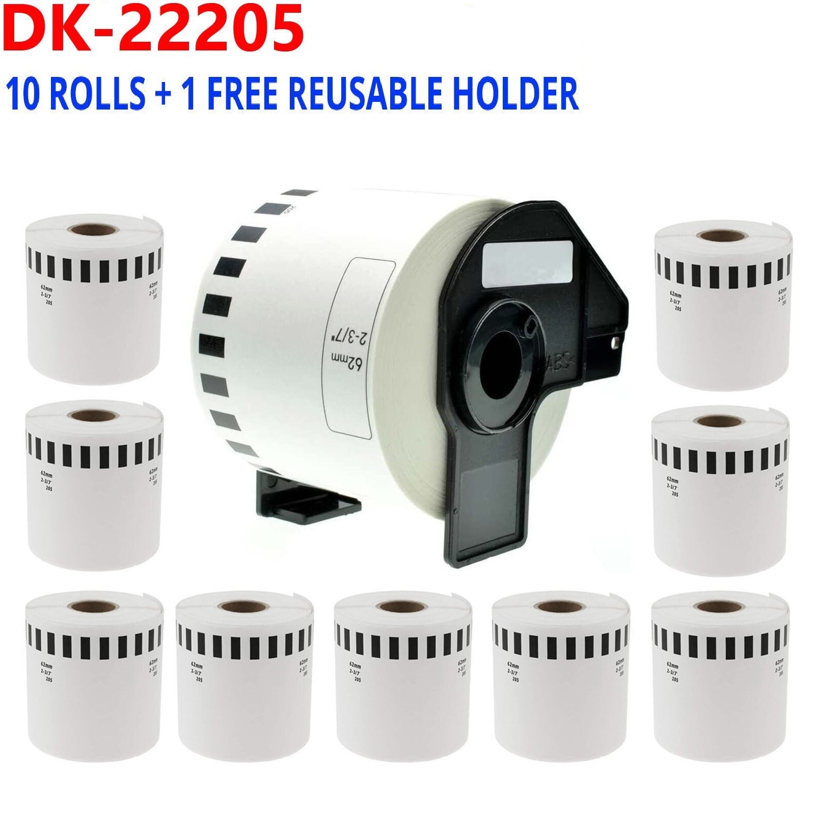 10 X Rollos de Etiquetas + Soporte Reutilizable IMPRESORA ETIQUETAS COMPATIBLES CON BROTHER DK-22205