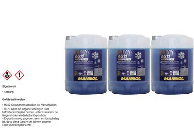 3x 10 Liter MANNOL Kühlerfrostschutz Typ G11 Longterm Antifreeze AG11 -40°C blau