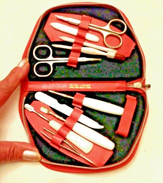 Vintage Manicure Set in PINK Leather Zipper Case made in AUSTRIA 10