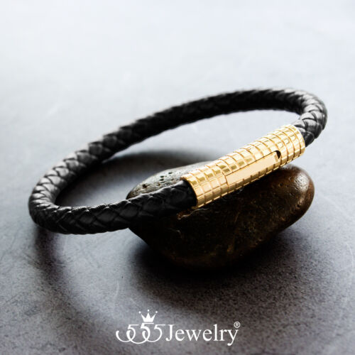 555Jewelry Edelstahl gerippter Verschluss geflochten schwarz Lederarmband für Herren - Bild 6 von 19