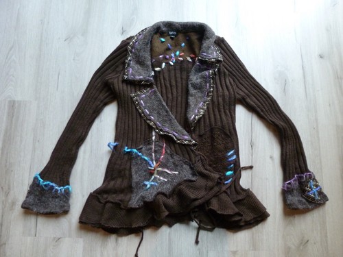 Fantazia maglione donna L misto lana cardigan arricciato patchwork boho ricamato