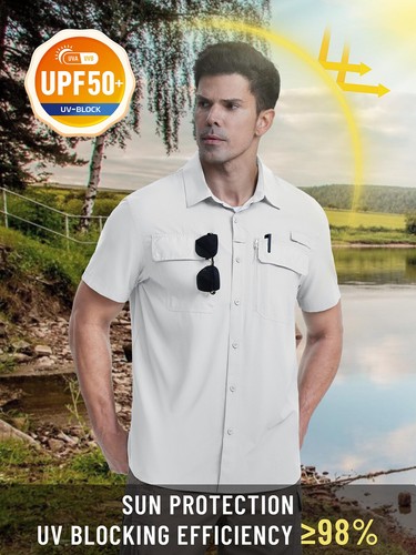 Mens Fishing Shirt Cool Hiking Button Up Quick Dry Short Sleeve UPF50+ Sun Shirt - Picture 80 of 83
