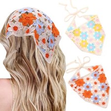 2 Pcs Crochet Triangle Head Scarf Floral Bandana Headband Knitted Hair Bandan...