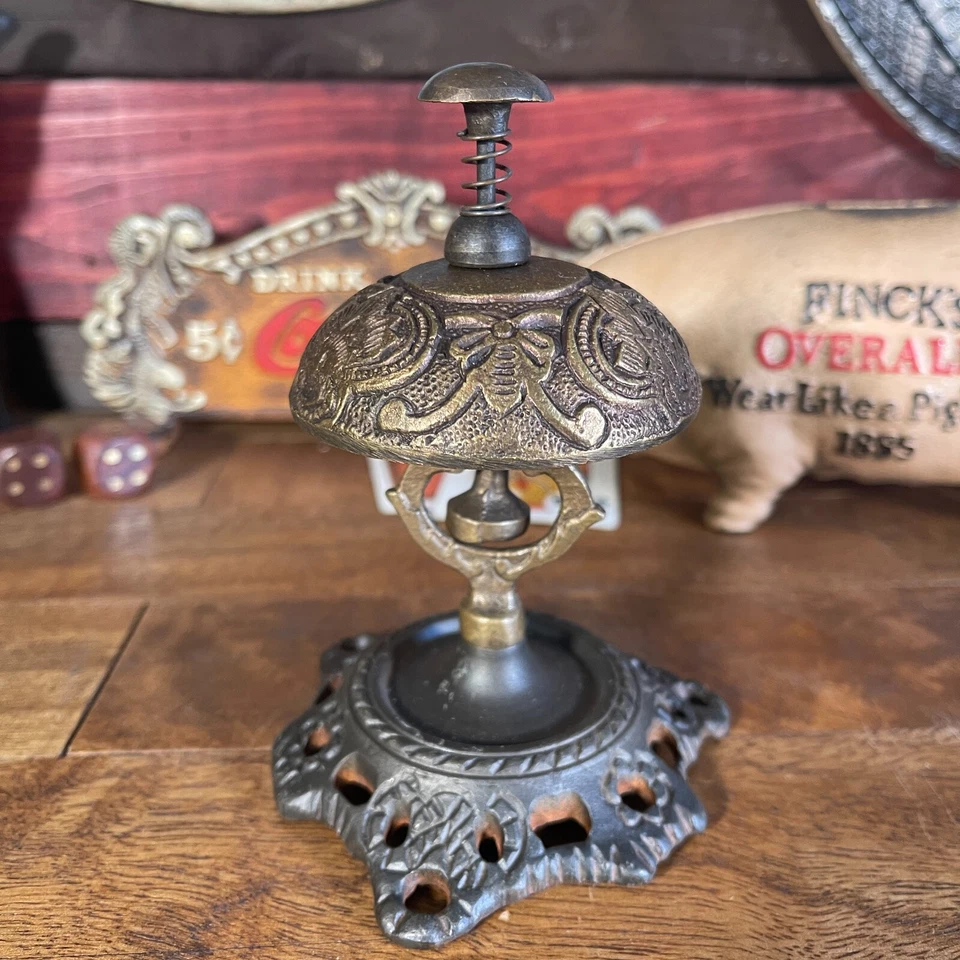 Hotel Desk Bell On Stand Solid Brass With Butterfly Engraving And Antique Finish - Image 4 of 4