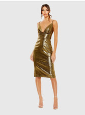 MAC DUGGAL  27057 GOLD METALLIC V-NECK MIDI  ANTIQUE GOLD DRESS   sz 0