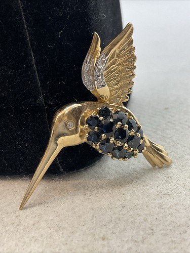 14K Yellow Gold Sapphire & Diamond Hummingbird BIRDIE PIN BROOCH/CHARM PENDANT - Picture 18 of 24
