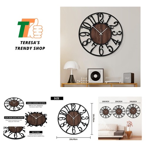 Wall Clock for Living Room -16" Silent Non Ticking,Battery Operated,Black Met...