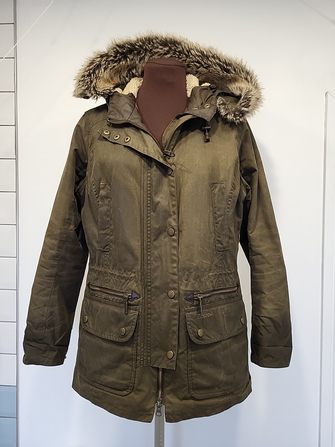 Barbour Kelsall Waxed Parka Jacket Detachable Fur Trim Womens UK 10 Coat Green