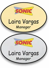1 GOLD & 1 SILVER OVAL SONIC PERSONALIZED NAME BADGES MAGNETIC FASTENER