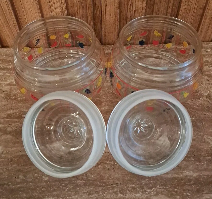 Vintage Clear Glass Cannisters (2) Flowers and Fruit Indonesia 5" High 