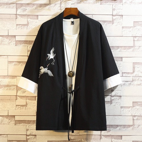 Oriental Men 3/4 Sleeve Cardigan Kimono Coat Lace Up Embroidery Crane Yukata Top - Picture 7 of 13