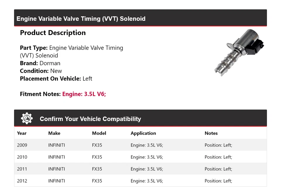 Solenoide izquierdo para Infiniti FX35 2009-2012 3,5 L V6 VVT Foto 2 de 4