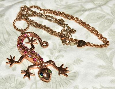 Betsey Johnson Necklace Salamander Lizard in Rose Gold with Rhinestones Signed