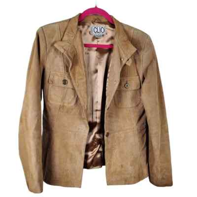 Suede Clio Button Front Closure Leather Collared Women Jacket Size 8 Casual Moto