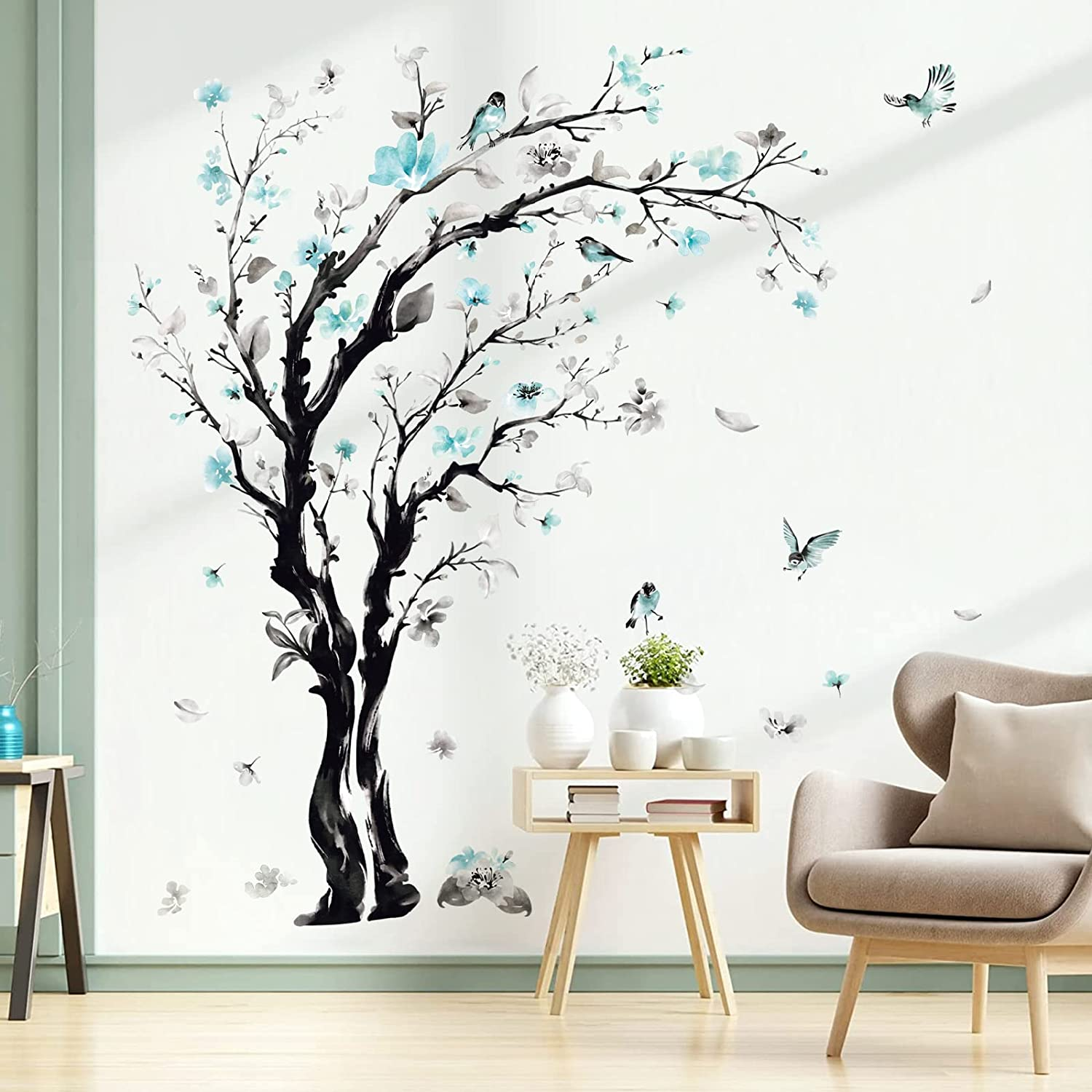Large Watercolor Tree Wall Decals Blue Flower Branch Wall Stickers Living Room B