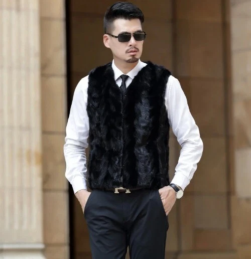 Novo Colete de Pele de Vison Natural Real Moda Masculina Decote V Colete Inverno Quente - Imagem 2 de 4