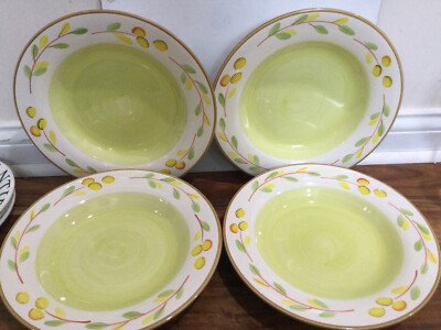 4 pc set The Cellar Olives 11'' X2 Wide Rimmed Pasta Bowls light Green Olives  EX