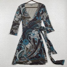 Ann Taylor Wrap Dress Womens 0 Floral Print Brown Blue Boho Vacation Versitile