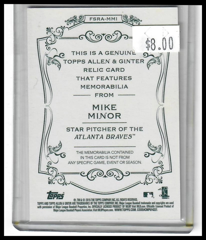 2015 Topps Allen & Ginter #FSRA-MMI Mike Minor Full Size Relic Atlanta Braves - Image 2 of 2
