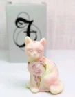 Fenton Burmese Glass Cat Floral Painted By S Stephens Custard Yellow Pink #1995