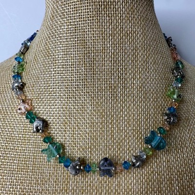 Vintage Silver Tone Dolphin and Fish Beaded Necklace Multi Color Coastal Summer