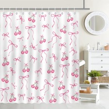 Pink Bow Shower Curtain Cherry Cute Aesthetic Waterproof Fabric 72x72