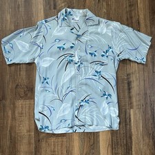Vintage 70s Islander Shirt Men Unisex S Grey Blue Hawaiian Camp Button Rayon