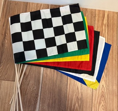 Race Flags set of 7,   18'' x 12'',  24'' Pole with Carry Case