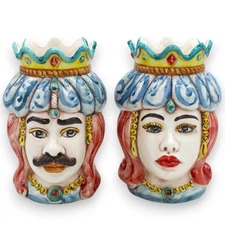 Sicilian Moor Heads (Pair) Tapestry And Crown, H 13 / 14 Cm Approx. Calt Ceramic