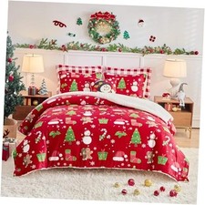 3pcs Christmas Fluffy Velvet Sherpa Comforter Queen- 88"x88" Gingerbread Man
