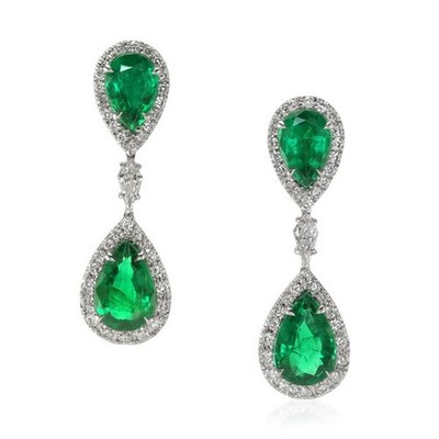  Pear Green Emerald 18K White Gold Earring 4.38CT