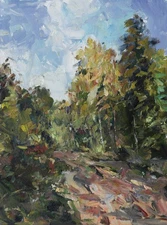 Art Original Oil Painting RM Mortensen "The Trail" Landscape Trees Wilderness