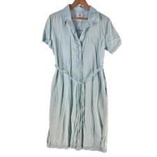 Fleur Dress Womens M Blue Short Sleeve Shirt Midi Tie Waist Pockets 129210