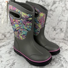 Bogs Girls Pull On Snow Boots Size 11 Gray Marble Waterproof Insulated Winter