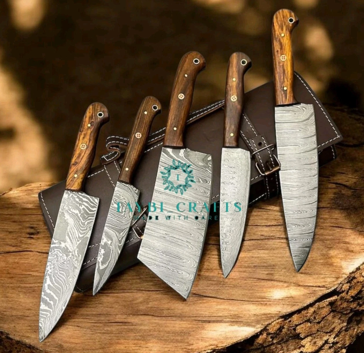 Hand Forged Damascus Steel Chef Knife Set, 5 Pcs Luxury Kitchen Knives & Leather