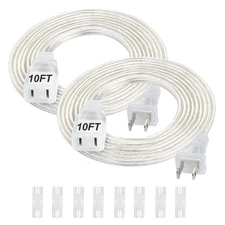 2 Pack 10 ft Clear Extension Cord Indoor 2 Prong Slim Male to Female Cable