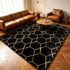 Area Rugs for Living Room, 5X8 Fluffy Black and Gold Bedroom Geometric Rug
