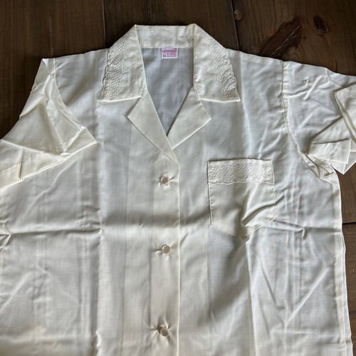 Vintage Damen Heiress Pyjama Set Gr. 38 creme Oberteil mit Tasche verstellbare Hose - Bild 12 von 24