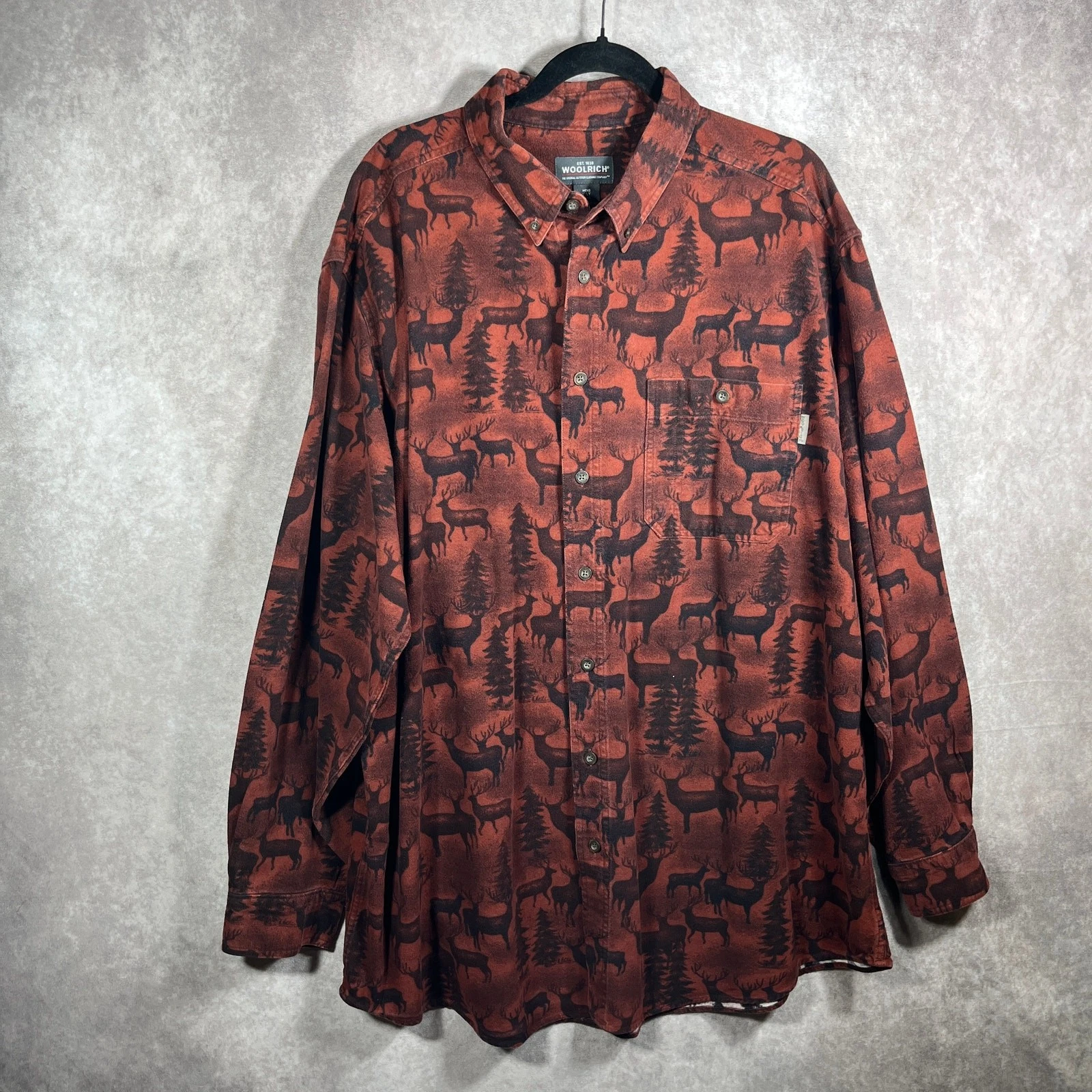 Woolrich Shirt Men 2XLT Brown Flannel Deer Print Button Up Long Sleeves Outdoors