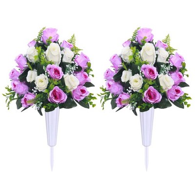 Artificial Cemetery Flowers,Set of 2 Grave Decorations Roses, Tombstone Memor